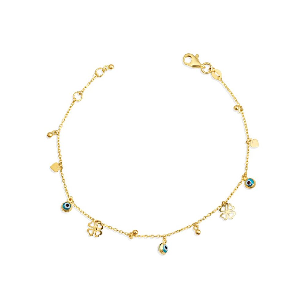 14K Solid Yellow Gold Lucky Charm 7" Adjustable Bracelet